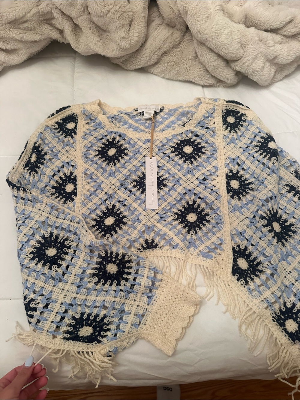 Handcrafted Crochet Fringe Sweater - Cream & Blue